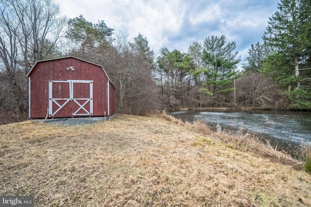 view of outdoor structure with a water view