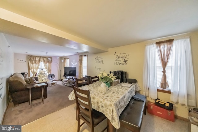 dining room featuring light carpet