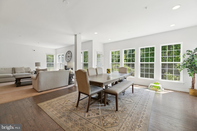 dining area with dark hardwood / wood-style flooring and a wealth of natural light