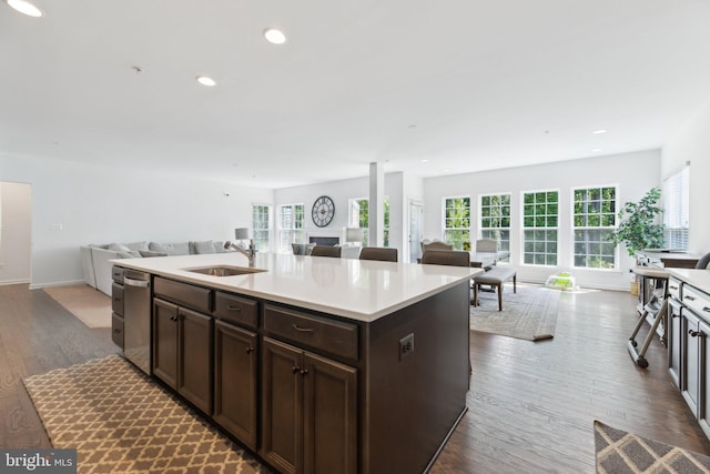 kitchen featuring a wealth of natural light, dark brown cabinets, sink, wood-type flooring, and an island with sink