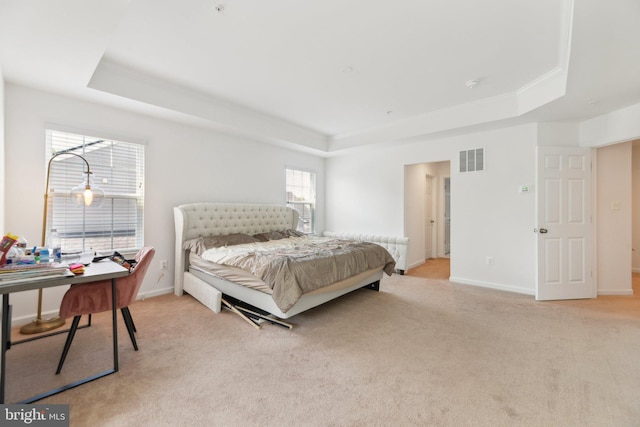 carpeted bedroom with a raised ceiling