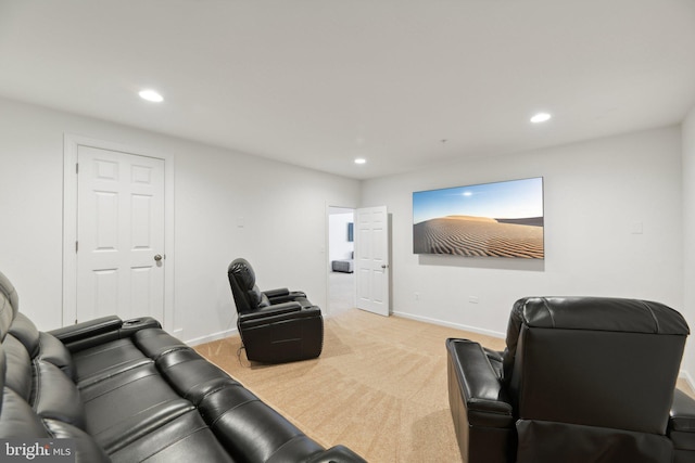 home theater with light carpet