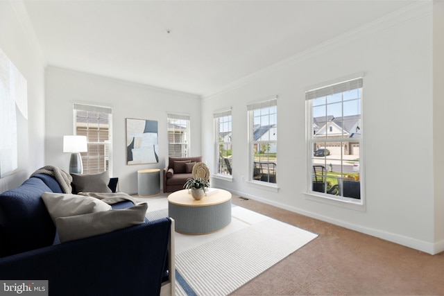 carpeted living room featuring ornamental molding