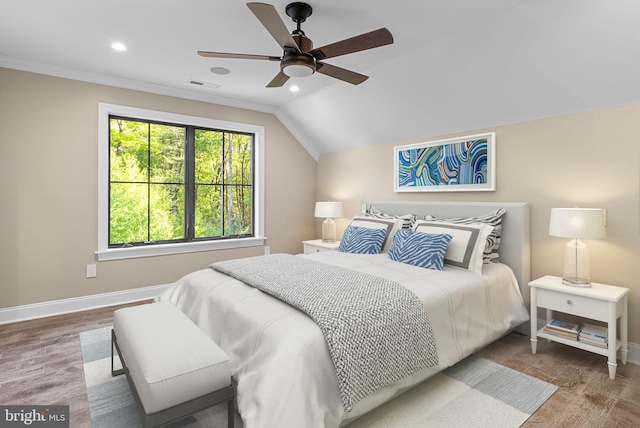 bedroom with vaulted ceiling and ceiling fan