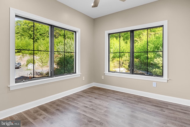 empty room featuring ceiling fan and hardwood / wood-style flooring