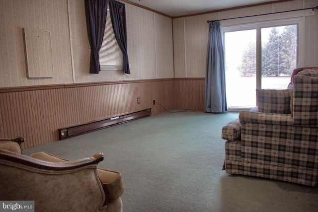 sitting room with carpet flooring and a baseboard radiator