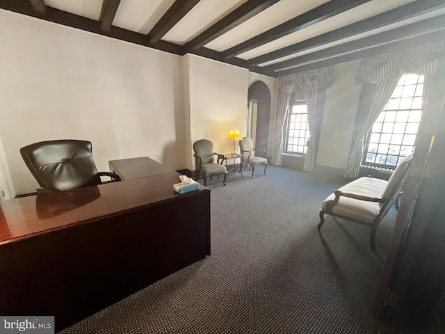 office space featuring carpet flooring and beam ceiling