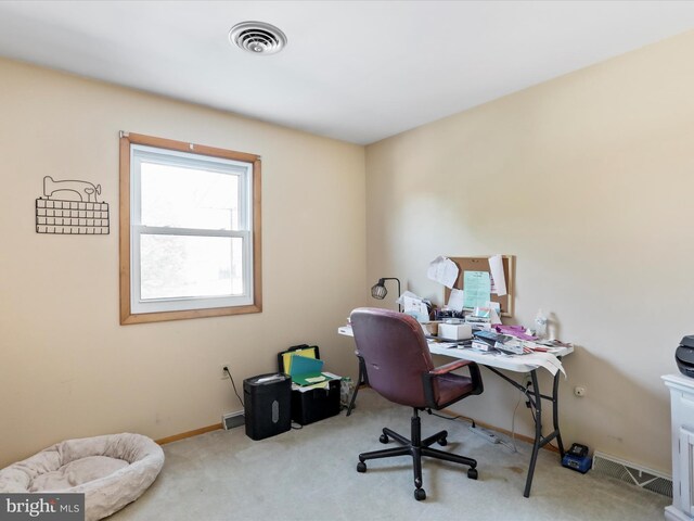 home office with light colored carpet