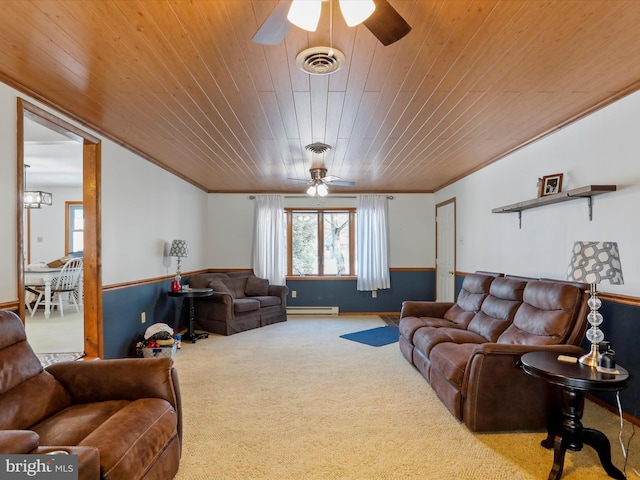 carpeted living room with wood ceiling, ceiling fan, a baseboard radiator, and ornamental molding