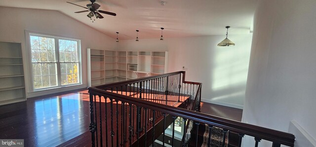 corridor featuring dark wood-type flooring and lofted ceiling