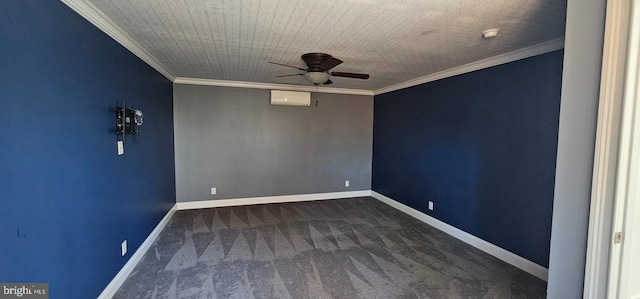 carpeted empty room with a wall mounted AC, ceiling fan, and crown molding