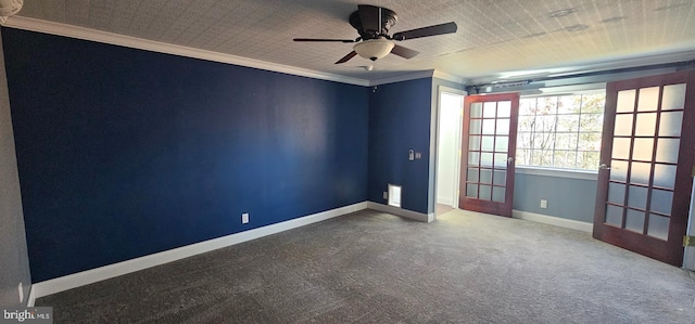 carpeted empty room with french doors, ceiling fan, and crown molding