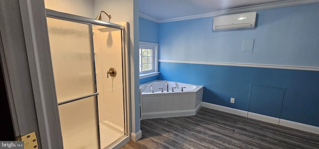 bathroom featuring a wall unit AC, crown molding, independent shower and bath, and hardwood / wood-style flooring