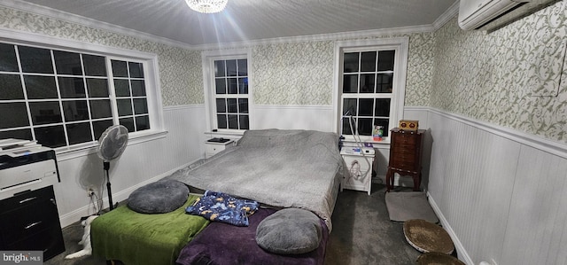 interior space with carpet floors, crown molding, and a wall unit AC