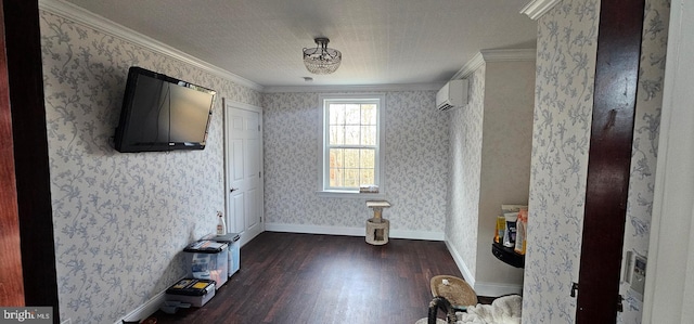 bathroom with a wall mounted air conditioner, hardwood / wood-style flooring, and crown molding