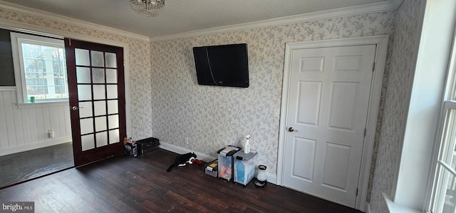 interior space with crown molding and dark wood-type flooring