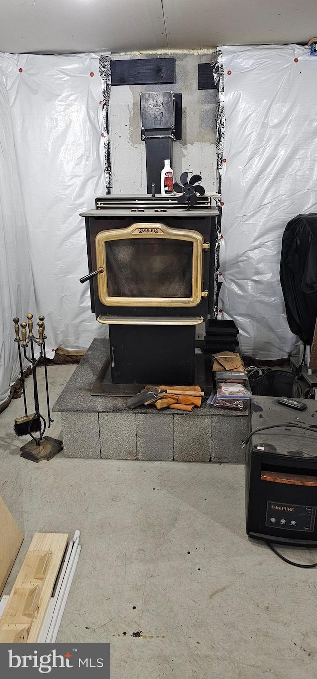 room details with a wood stove