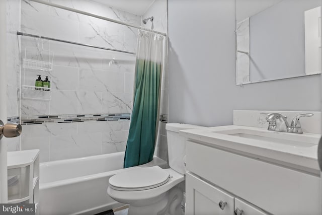 full bathroom with vanity, toilet, and shower / bathtub combination with curtain