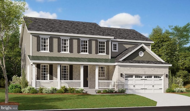 view of front of property featuring a garage, a porch, and a front yard