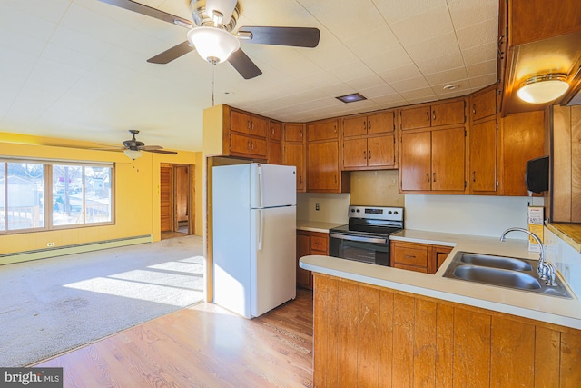 kitchen featuring white refrigerator, sink, light hardwood / wood-style floors, kitchen peninsula, and electric stove