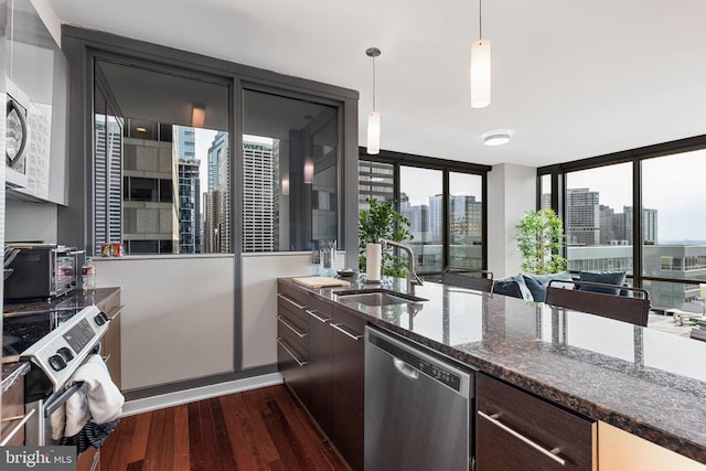 kitchen featuring expansive windows, sink, decorative light fixtures, dark hardwood / wood-style flooring, and stainless steel appliances