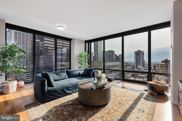 living room featuring a healthy amount of sunlight, wood-type flooring, and a wall of windows