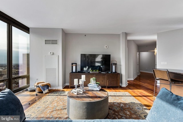 living room with hardwood / wood-style floors and expansive windows