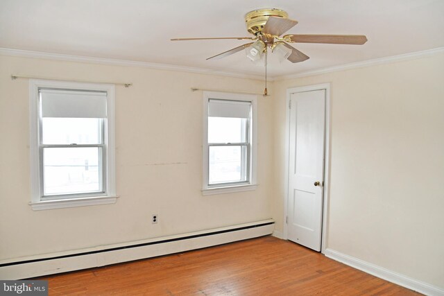 unfurnished room featuring a baseboard radiator, light hardwood / wood-style flooring, ceiling fan, and ornamental molding