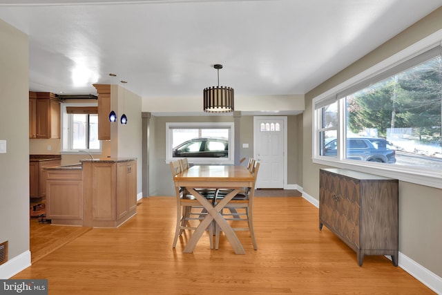 dining area with light wood-type flooring and sink