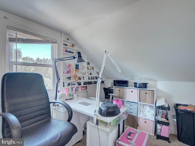 carpeted office with lofted ceiling