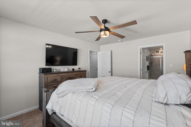 carpeted bedroom featuring ceiling fan and connected bathroom