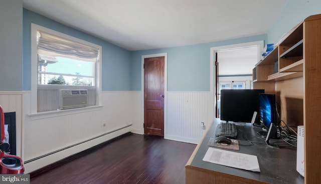 home office featuring cooling unit, dark hardwood / wood-style flooring, and baseboard heating