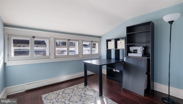 office with dark hardwood / wood-style flooring, a baseboard radiator, and lofted ceiling