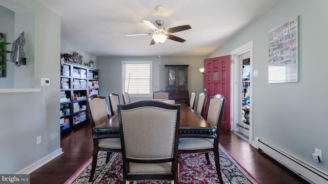 dining area with ceiling fan, a baseboard radiator, and dark hardwood / wood-style floors