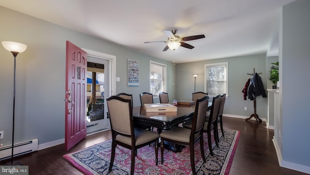 dining area with dark hardwood / wood-style floors, ceiling fan, and a baseboard heating unit