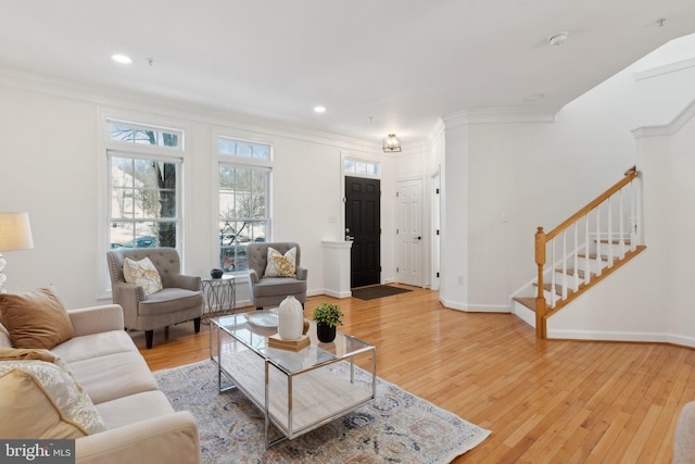 living room featuring wood-type flooring and crown molding