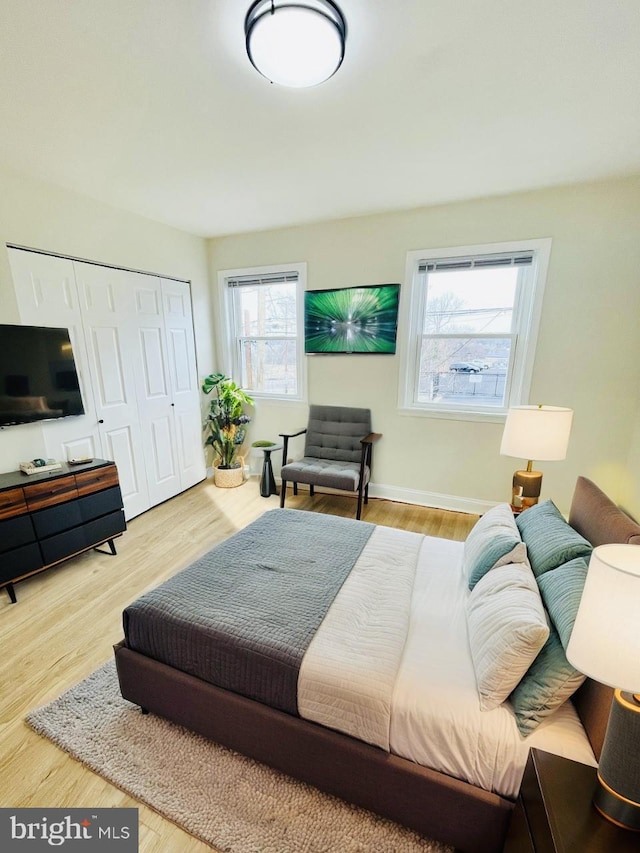 bedroom featuring multiple windows, a closet, and hardwood / wood-style flooring