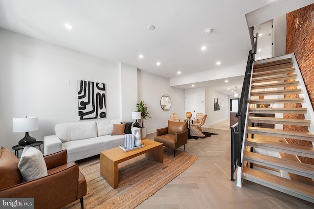 living room featuring light parquet flooring