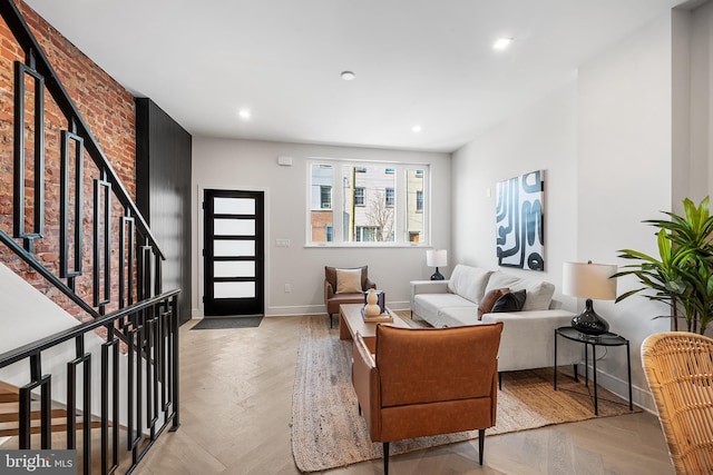 living room featuring light parquet floors