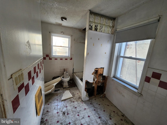 bathroom featuring plenty of natural light, toilet, a textured ceiling, and a bidet