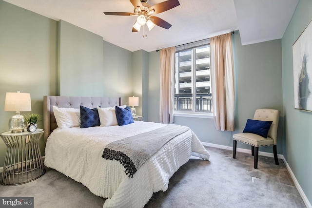 bedroom featuring carpet floors and ceiling fan