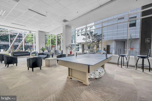 game room featuring light colored carpet