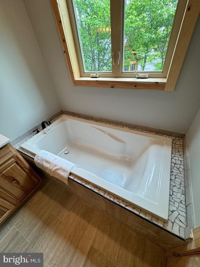 bathroom with vanity and a washtub