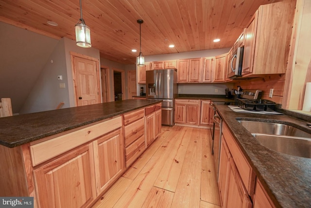 kitchen with wooden ceiling, light hardwood / wood-style flooring, dark stone countertops, decorative light fixtures, and appliances with stainless steel finishes