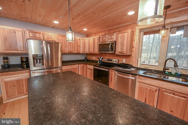 kitchen featuring light brown cabinetry, wood ceiling, stainless steel appliances, sink, and decorative light fixtures