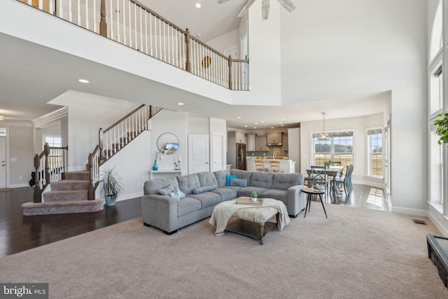 living room with hardwood / wood-style flooring and a high ceiling