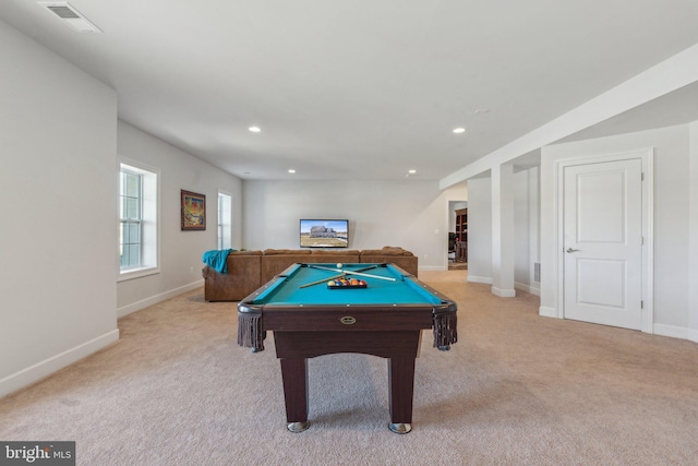 game room featuring light carpet and billiards