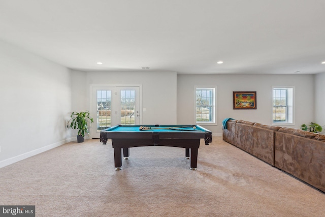 playroom with light colored carpet and billiards