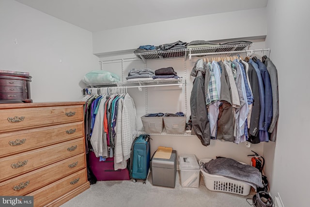 walk in closet featuring light carpet