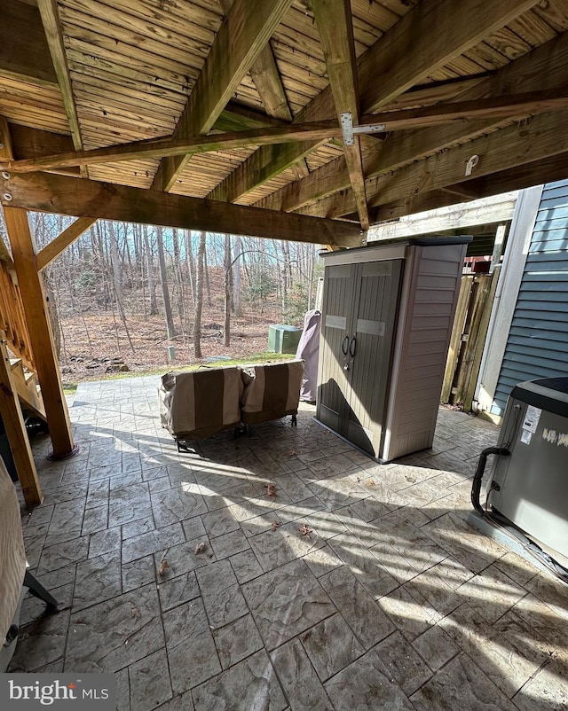 view of patio / terrace with a shed